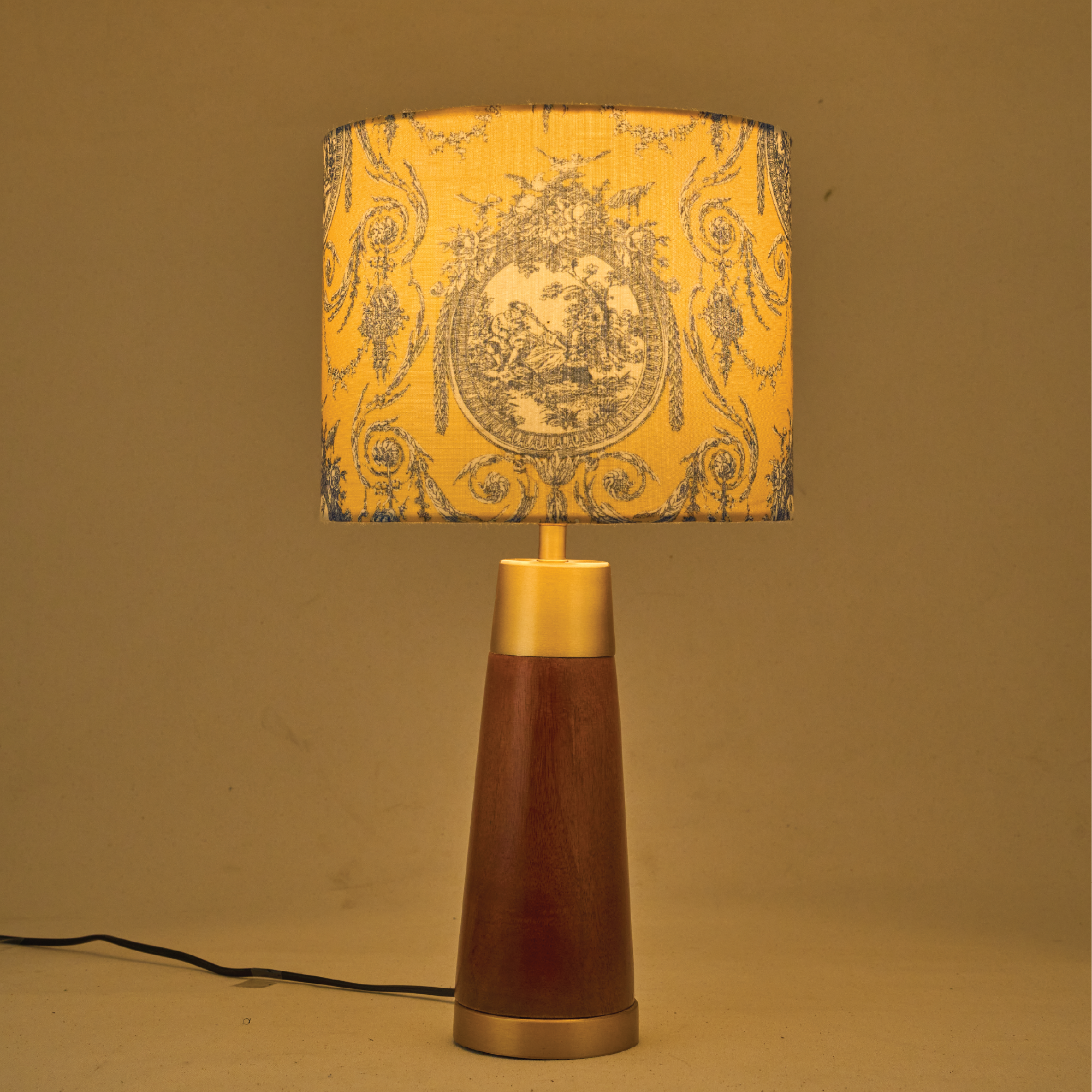 Mango Wood Table Lamp, Yellow Victorian Fabric Shade - RIO Collection