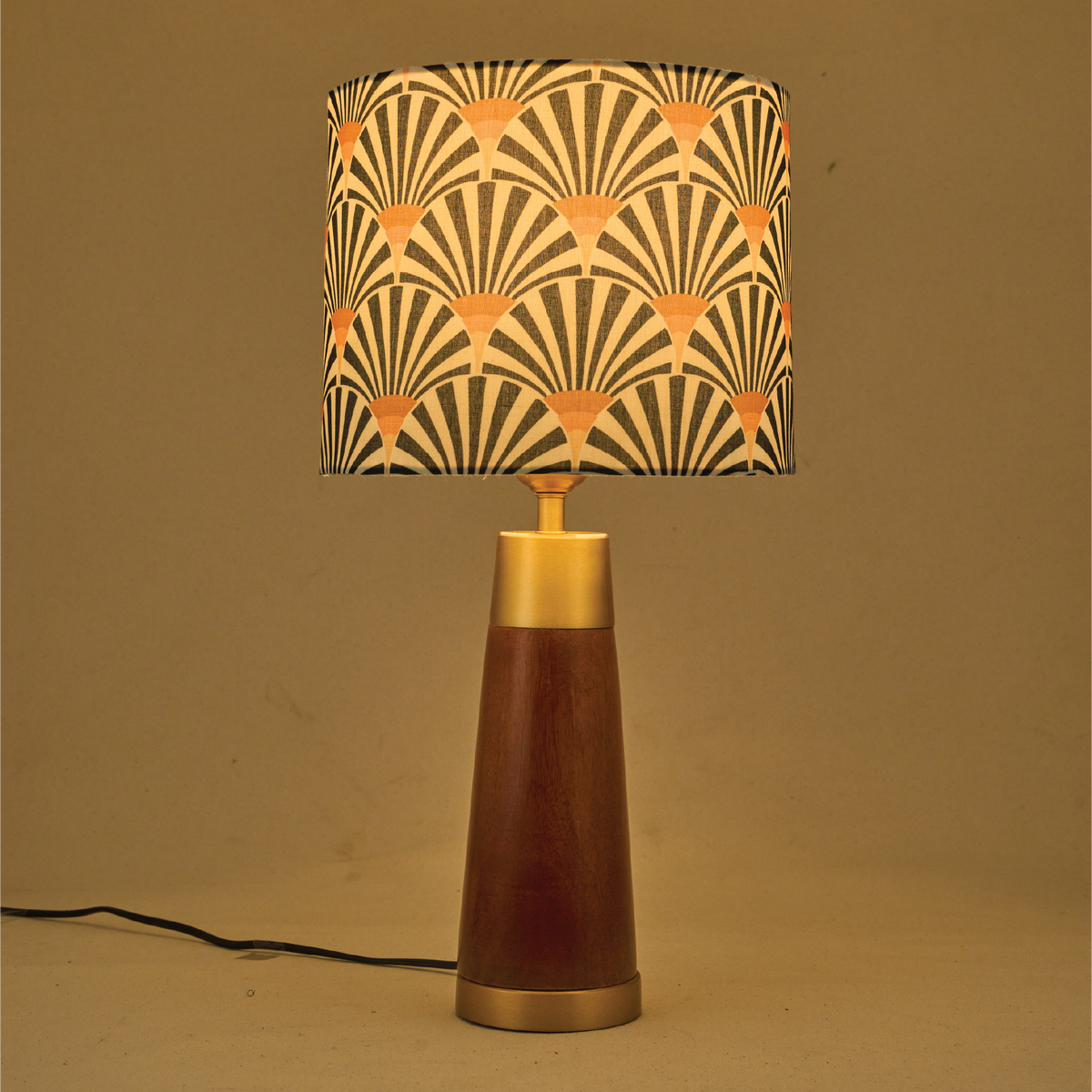 Mango Wood Table Lamp, Orange Zebra Fabric Shade - RIO Collection