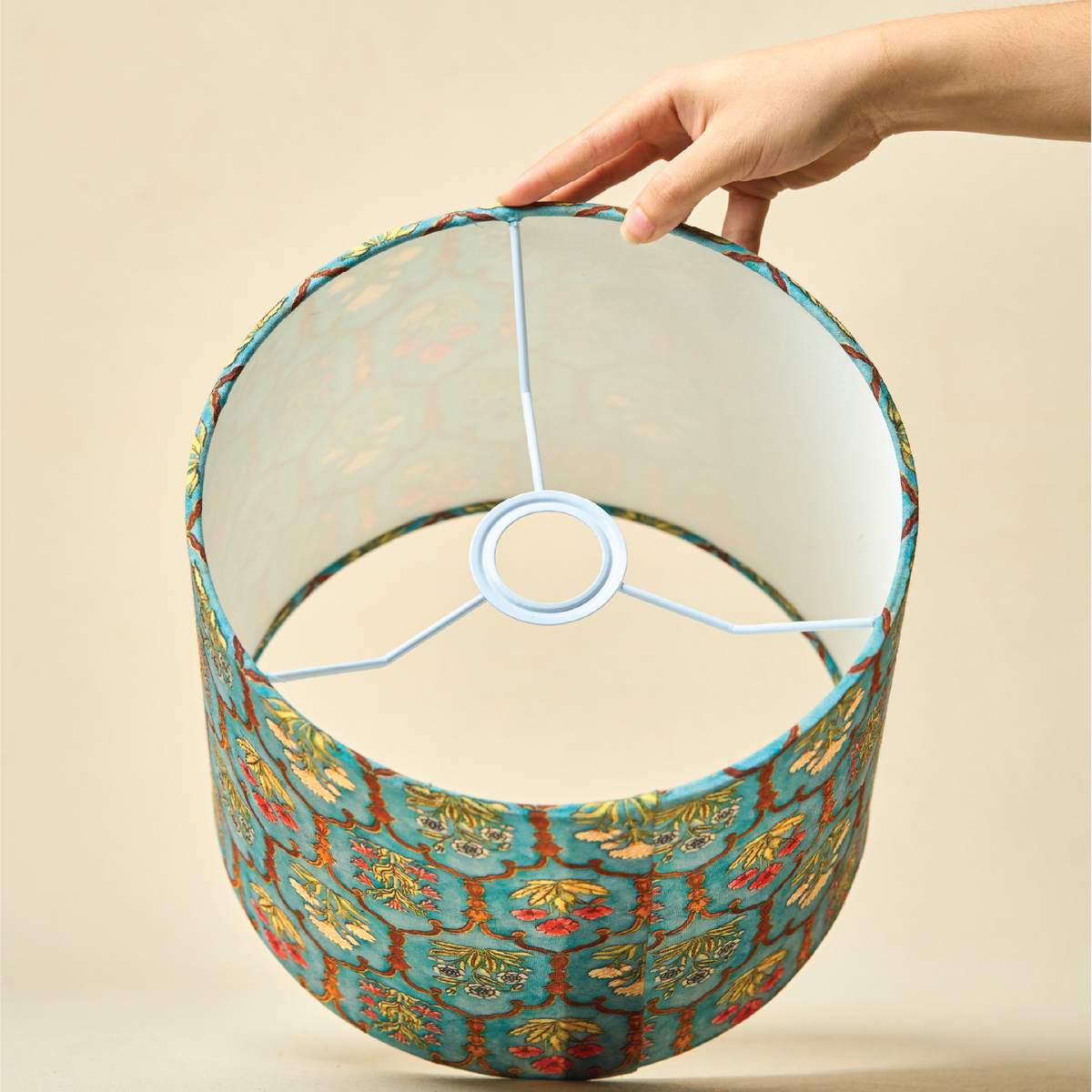 Drum Lamp Shade for Bedroom, Living Room | Handcrafted Printed Faux Silk Replacement Lampshade Only | Easy Assembly,Teal Garlands Fabric Shade