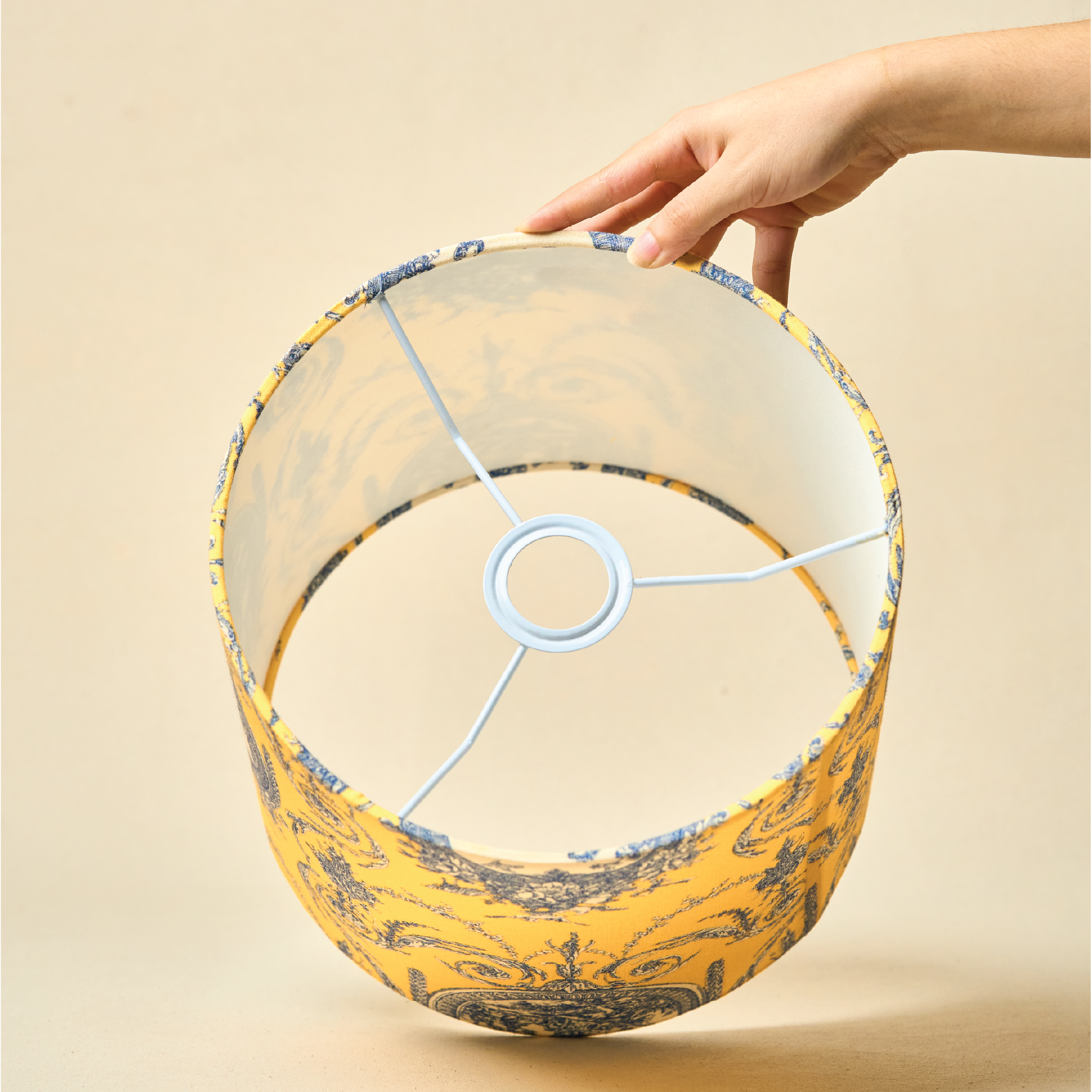 Drum Lamp Shade for Bedroom, Living Room | Handcrafted Printed Faux Silk Replacement Lampshade Only | Easy Assembly, Yellow Victorian Fabric Shade