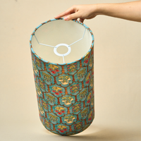 Drum Lamp Shade for Bedroom, Living Room | Handcrafted Printed Faux Silk Replacement Lampshade Only | Easy Assembly, Teal GarlanBlack ds Fabric Shade — thumbnail