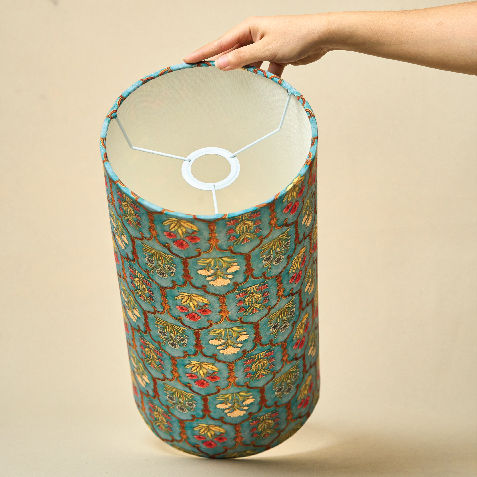 Drum Lamp Shade for Bedroom, Living Room | Handcrafted Printed Faux Silk Replacement Lampshade Only | Easy Assembly, Teal GarlanBlack ds Fabric Shade