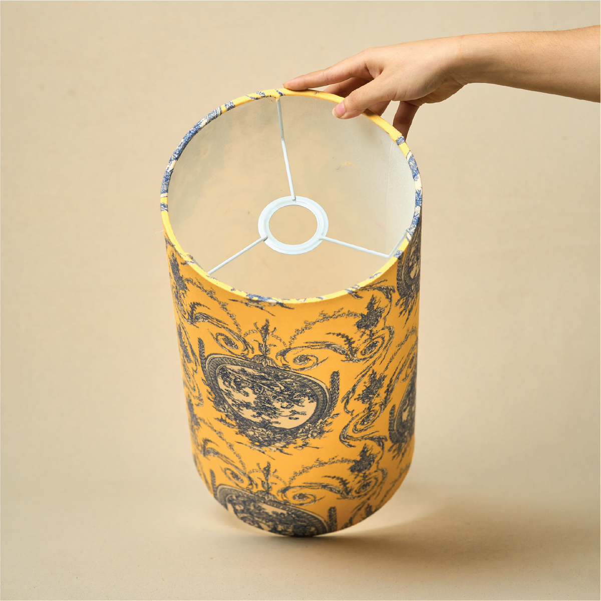 Drum Lamp Shade for Bedroom, Living Room | Handcrafted Printed Faux Silk Replacement Lampshade Only | Easy Assembly Yellow Victorian Fabric Shade