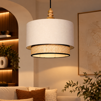 Double Drum Pendant Ceiling Lamp, Ivory with Rattan — thumbnail