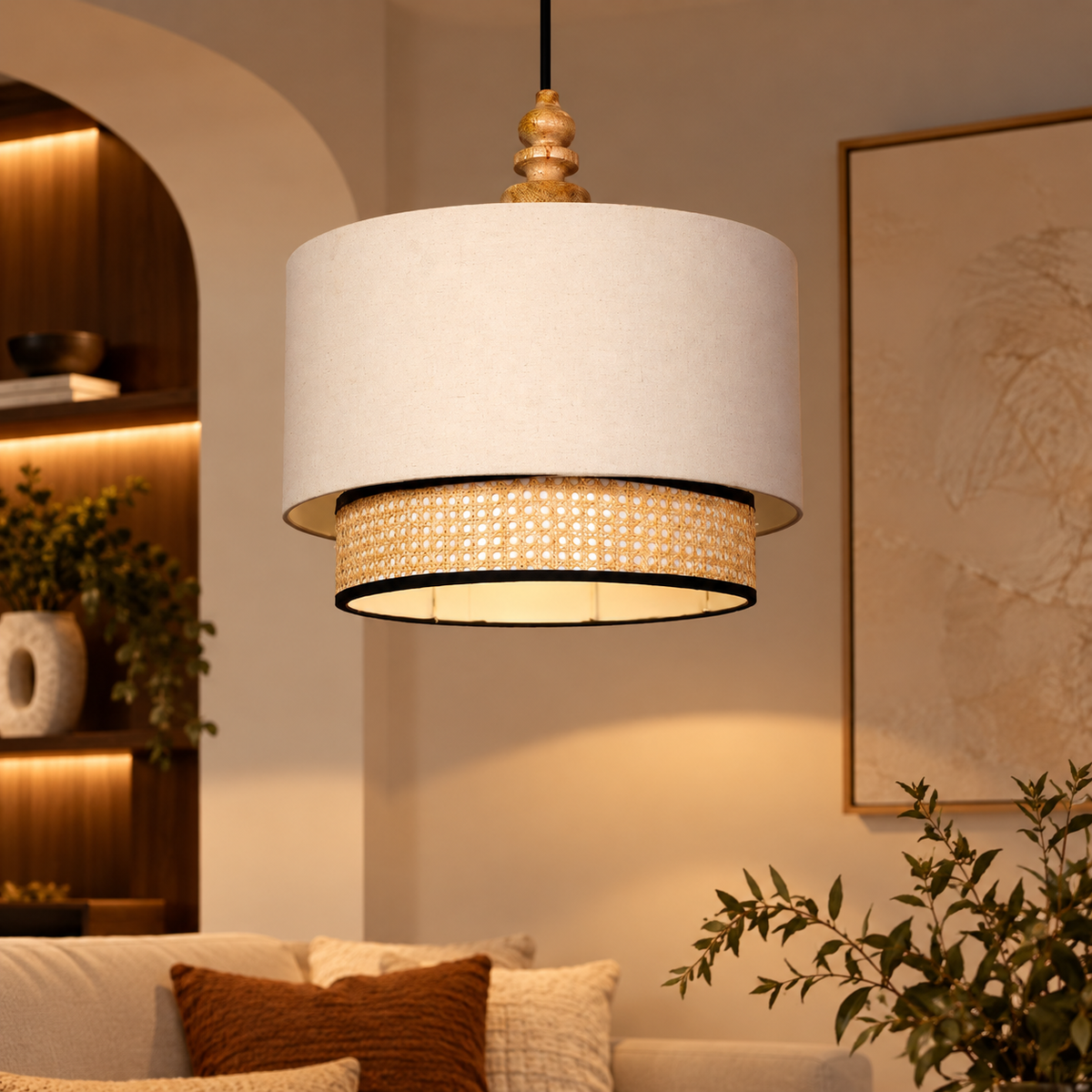 Double Drum Pendant Ceiling Lamp, Ivory with Rattan