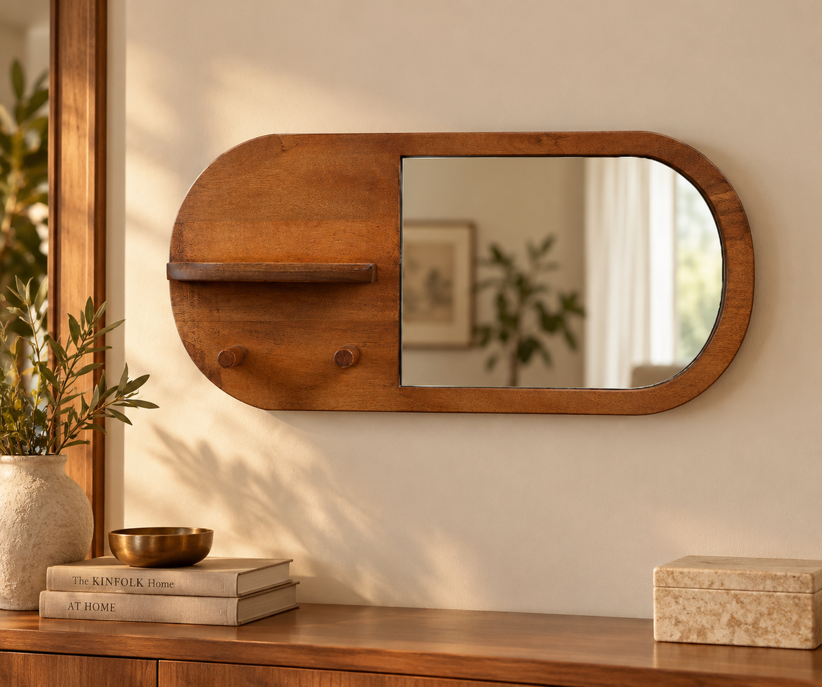 Wooden Floating Wall Shelf with Mirror