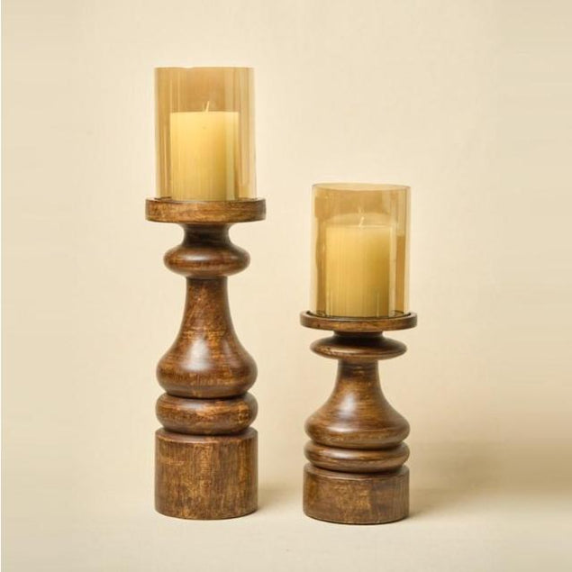 Wooden Pillar Candle Stands with Glass Hurricane