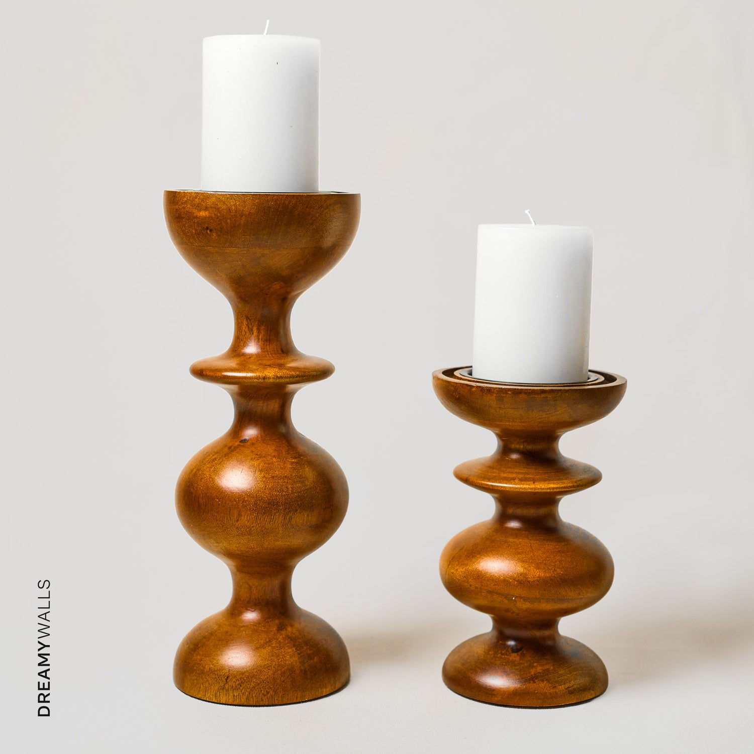 Wooden Candle Stands Curvy with Glass Hurricane