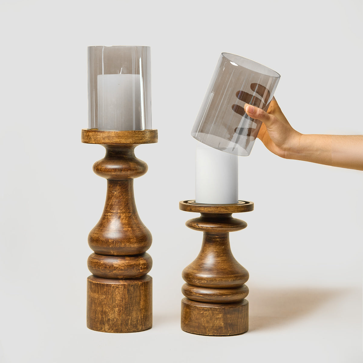 Wooden Pillar Candle Stands with Glass Hurricane