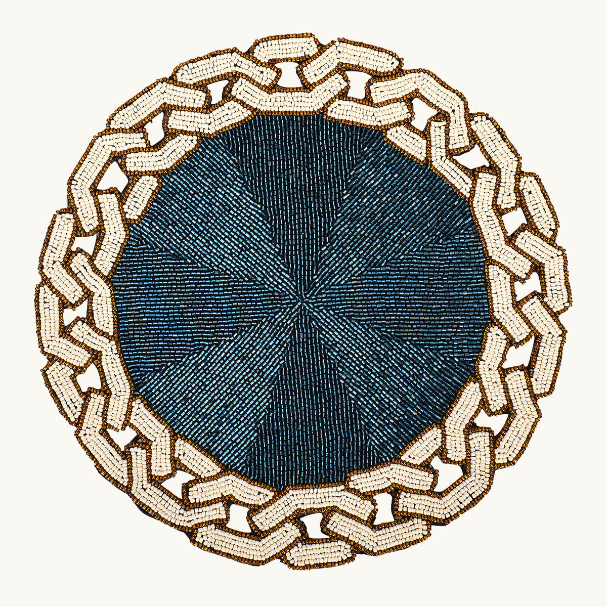 Chain Glass Beaded Round Placemat, Blue & Ivory, 14 inch