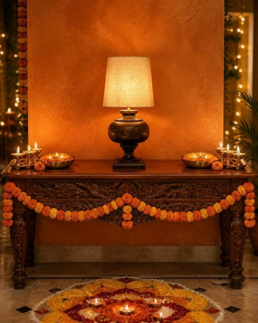 A DREAMYWALLS table lamp glowing on a carved console with diyas, marigold garlands and a flower rangoli