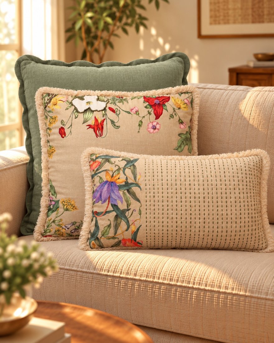 Sage solid layered behind KUNJ and KALI cushions on a sofa