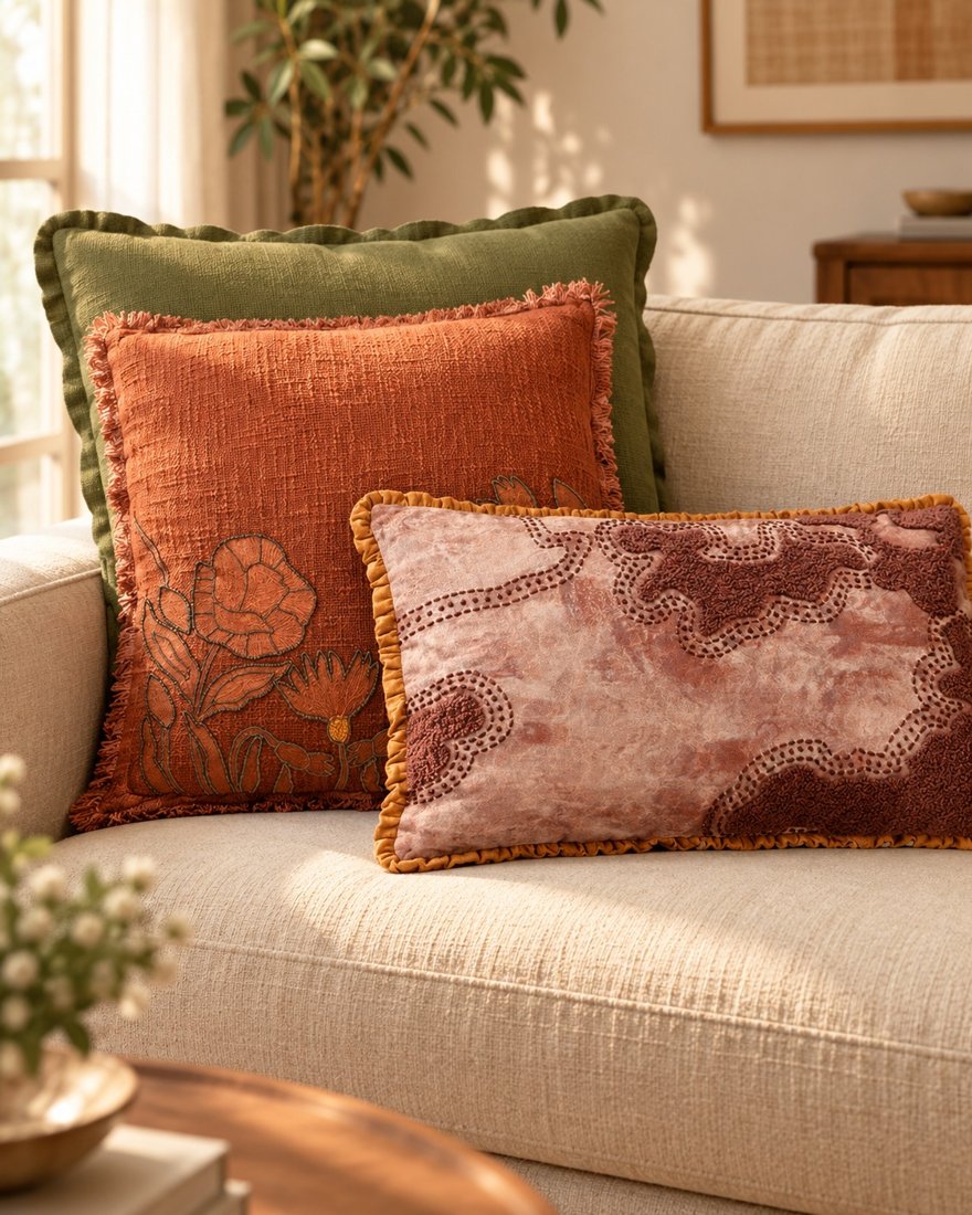 Olive solid layered behind SIENNA and MIKIR cushions on a sofa