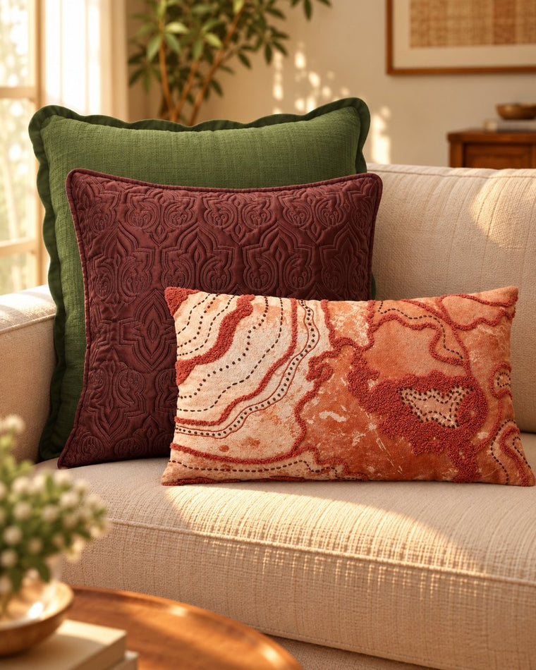 The Earth Ikat set: three layered cushions on a sofa