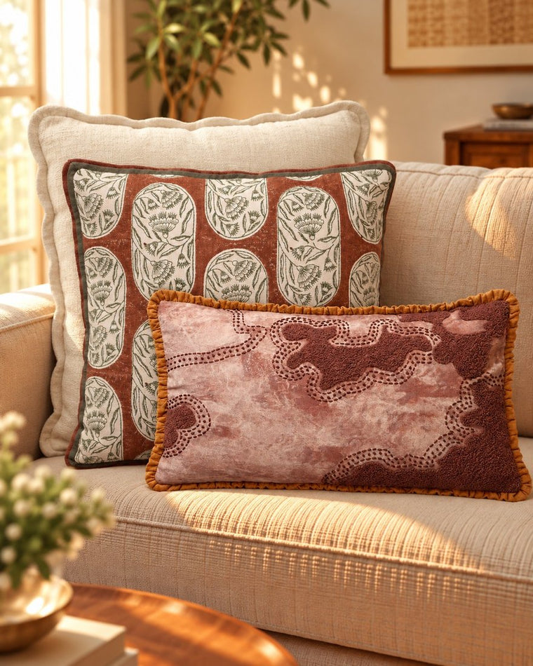 The Jaipur Mocha set: three layered cushions on a sofa