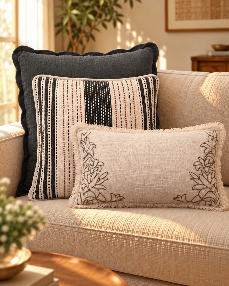 Charcoal solid layered behind CIREL and IVOIRE cushions on a sofa