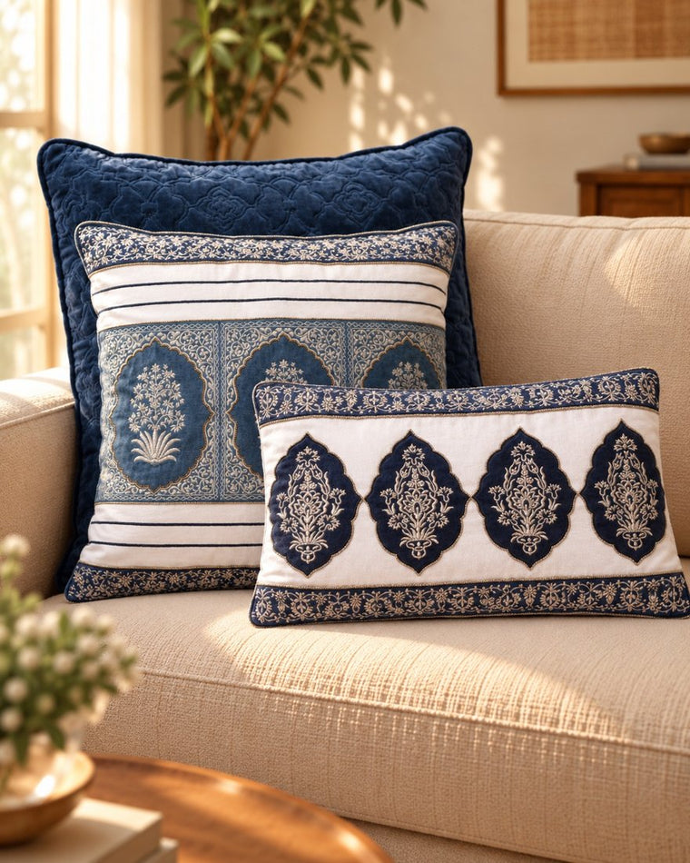 The Mughal Garden set: three layered cushions on a sofa
