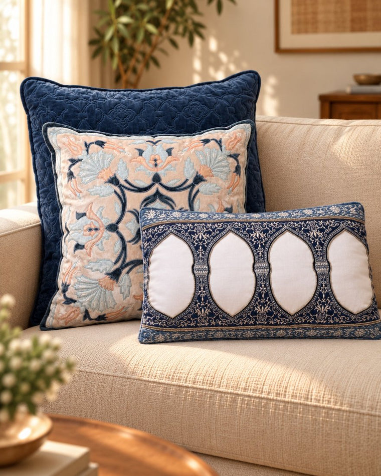 The Persian Blue set: three layered cushions on a sofa