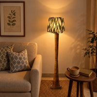 Hara Ikat scalloped lamp shade on the mango wood column floor lamp in a cosy reading corner — thumbnail