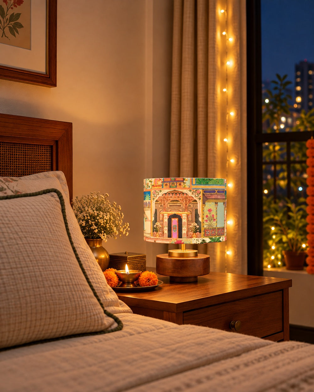 Turtle lamp with the Maharani printed shade on a bedside table