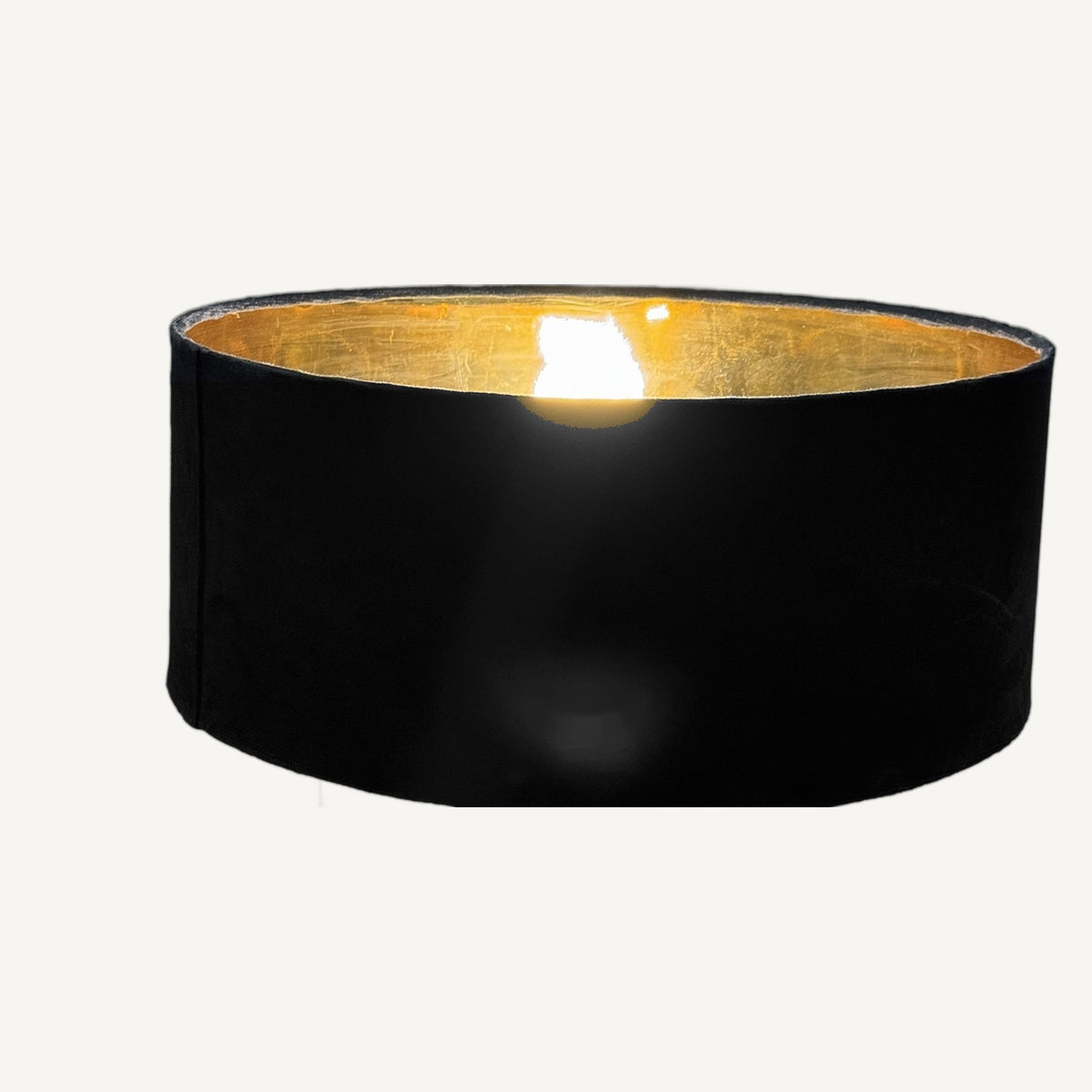 Raat Velvet Wide Drum Lamp Shade, lit, gold lined