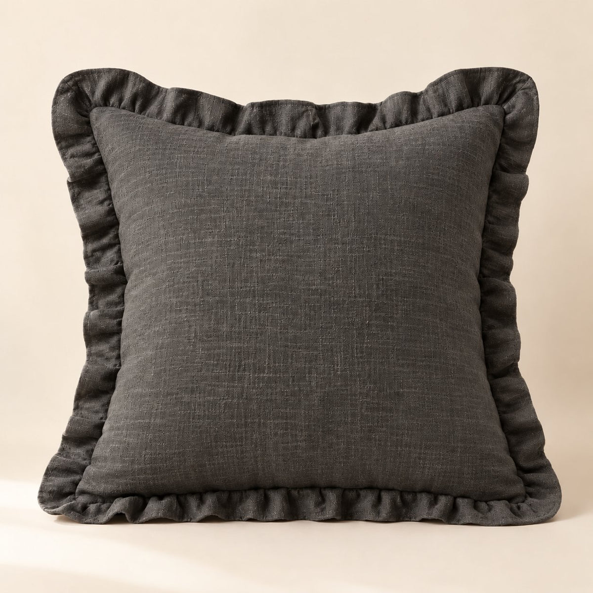 Charcoal solid cushion, 20 x 20 inch, ruffled edge
