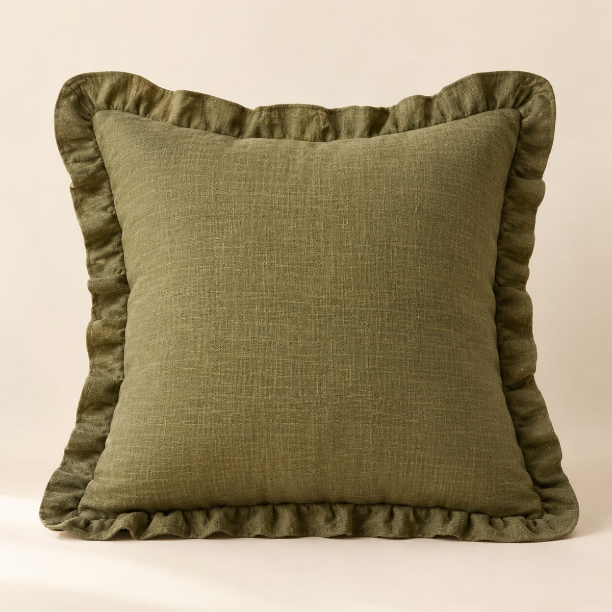 Olive solid cushion, 20 x 20 inch, ruffled edge