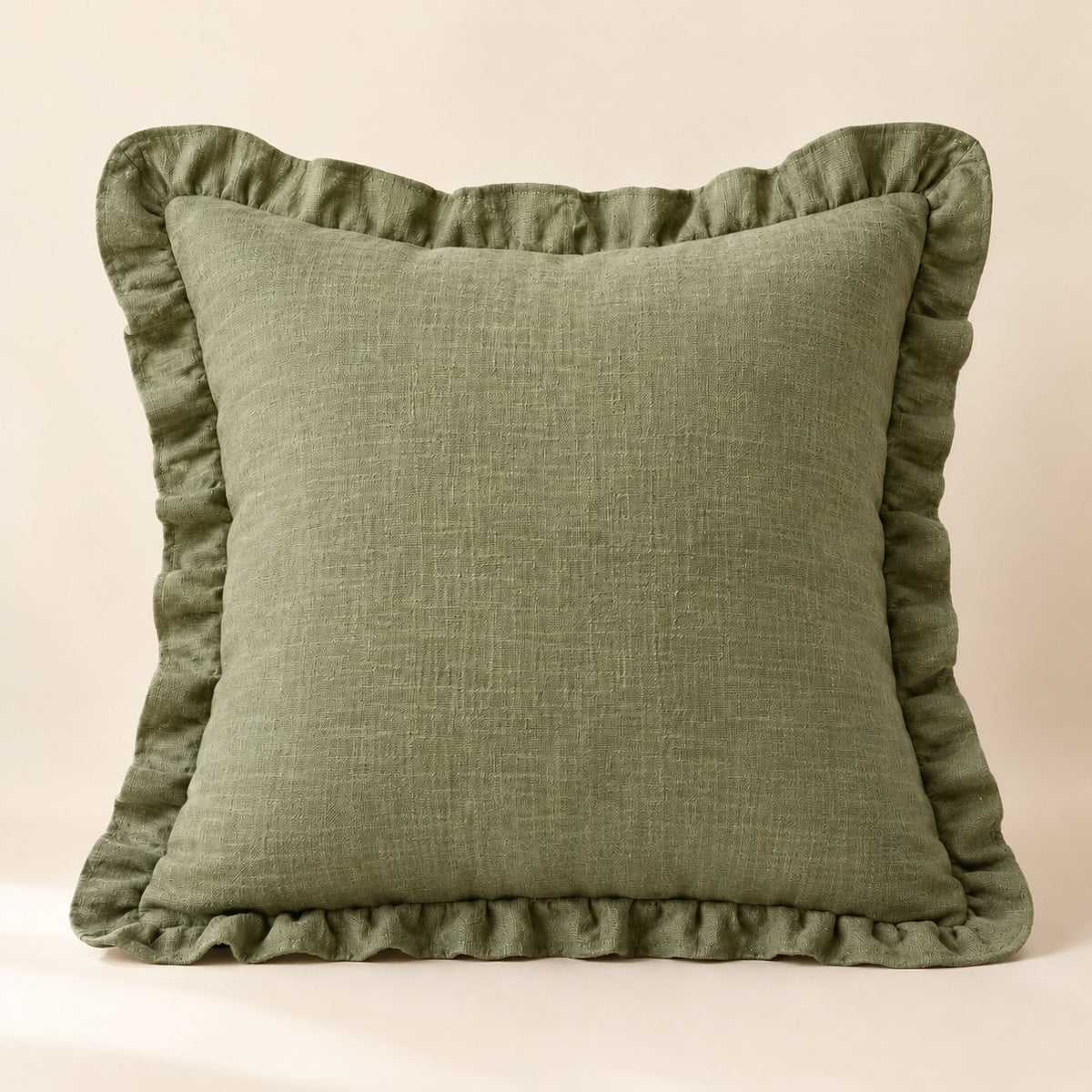 Sage solid cushion, 20 x 20 inch, ruffled edge