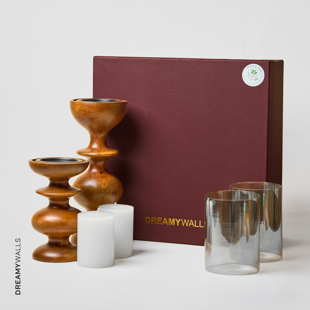 Wooden Candle Stands Curvy with Glass Hurricane