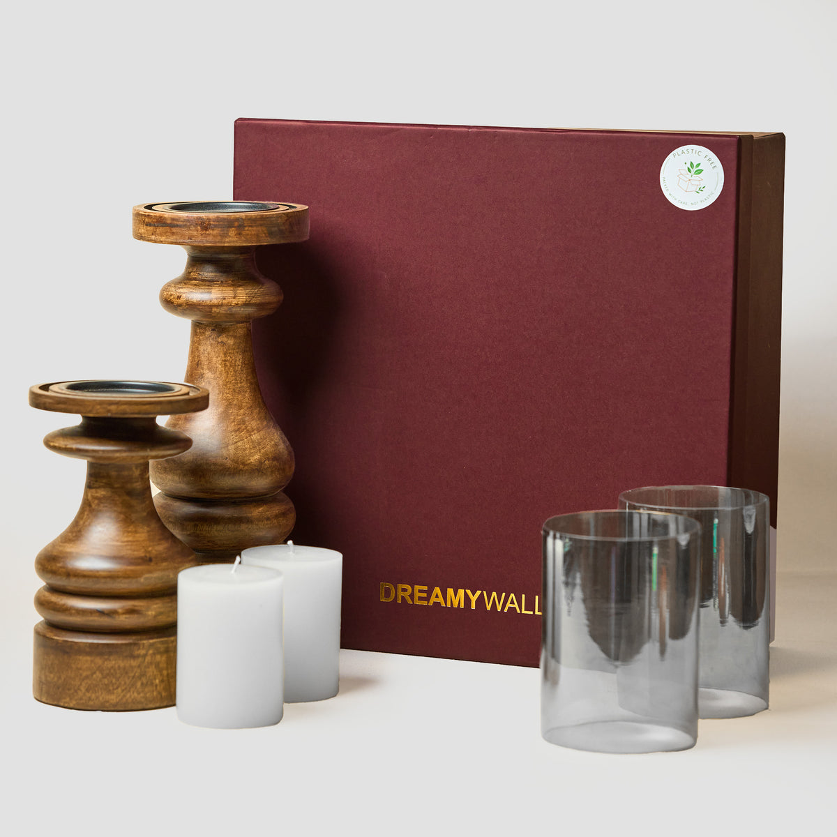 Wooden Pillar Candle Stands with Glass Hurricane