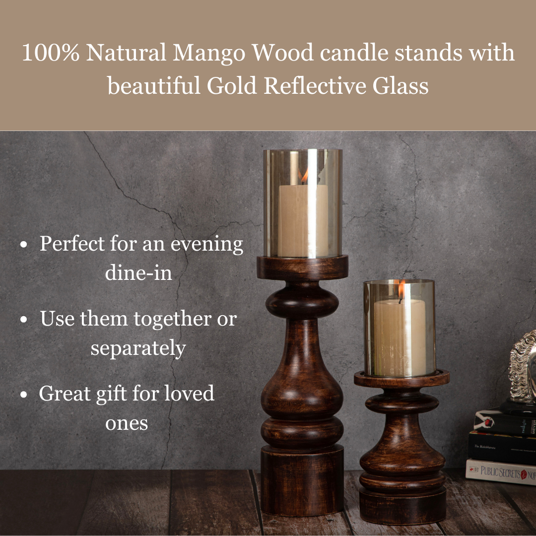 Wooden Pillar Candle Stands with Glass Hurricane