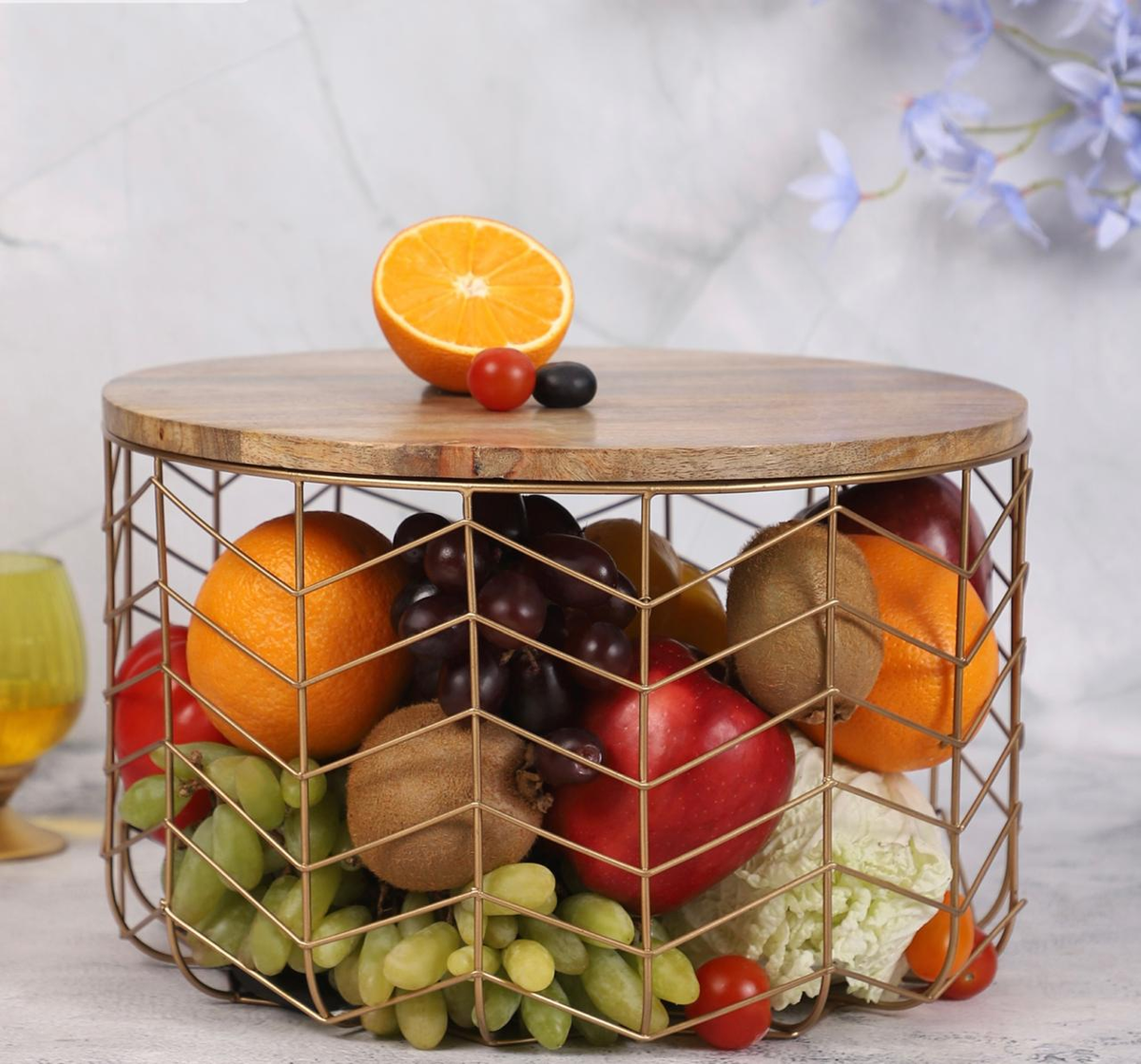 Metal Fruit Basket with Wooden Lid