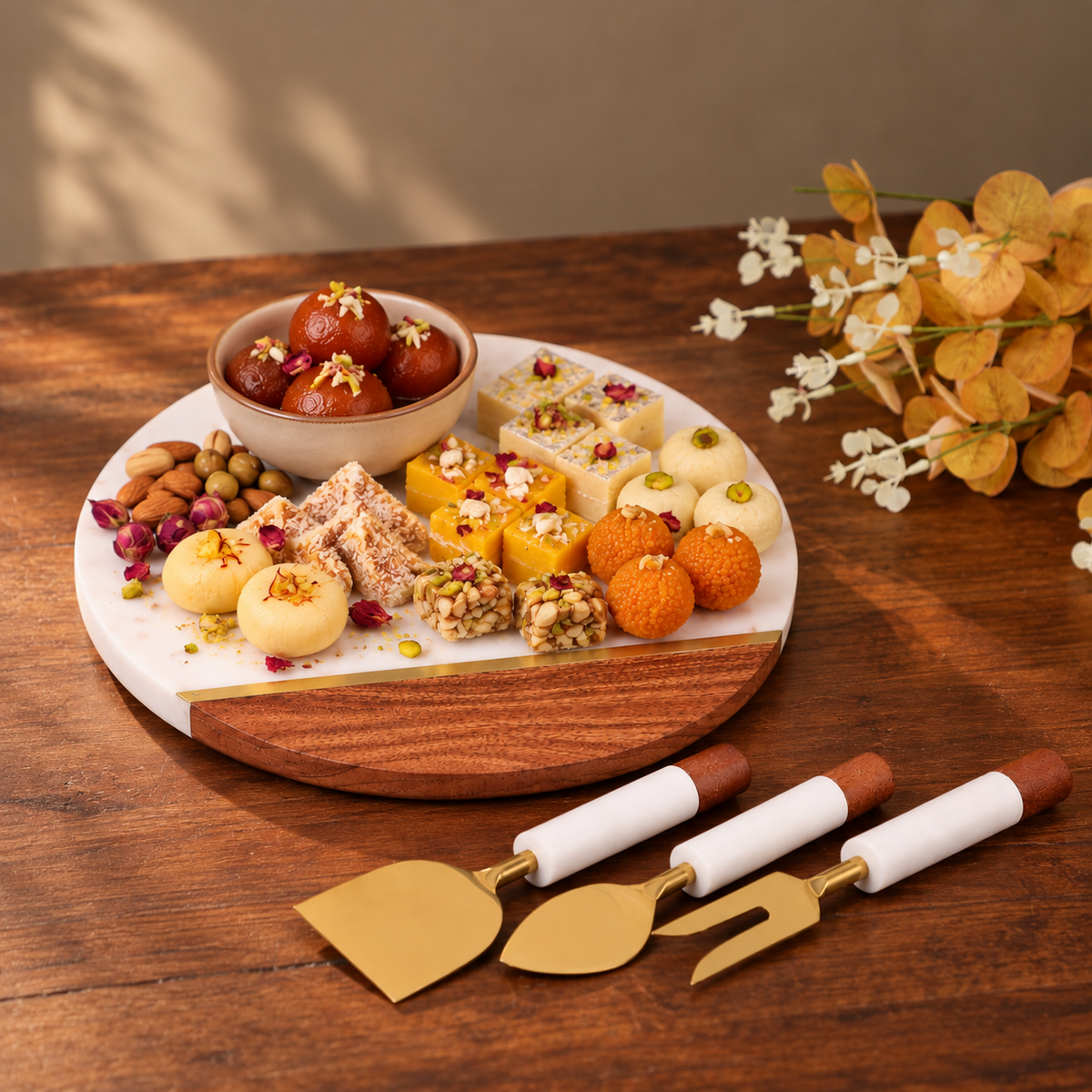 Marble & Acacia wood Charcuterie Board with Cutlery