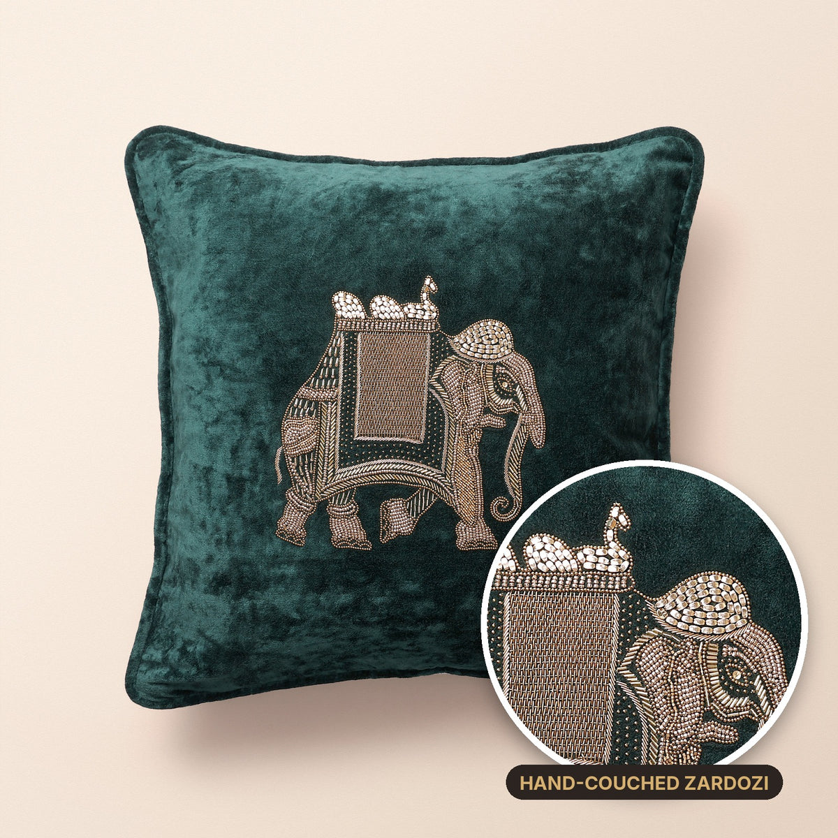 CREST Square Cushion, Zardozi, Teal, Velvet Luxe
