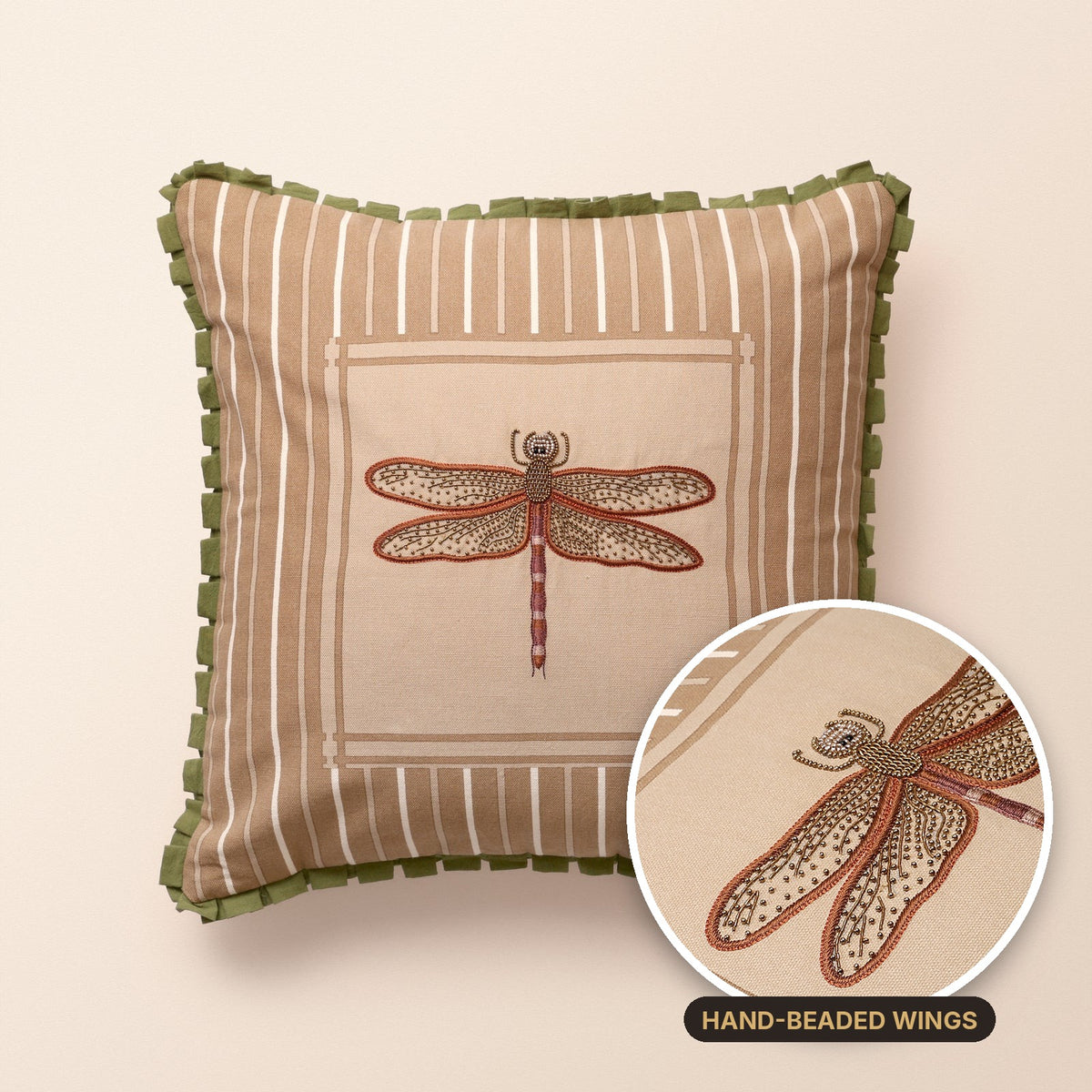 SANGANER Square Cushion, Screen Print, Ivory, Printed Stripes