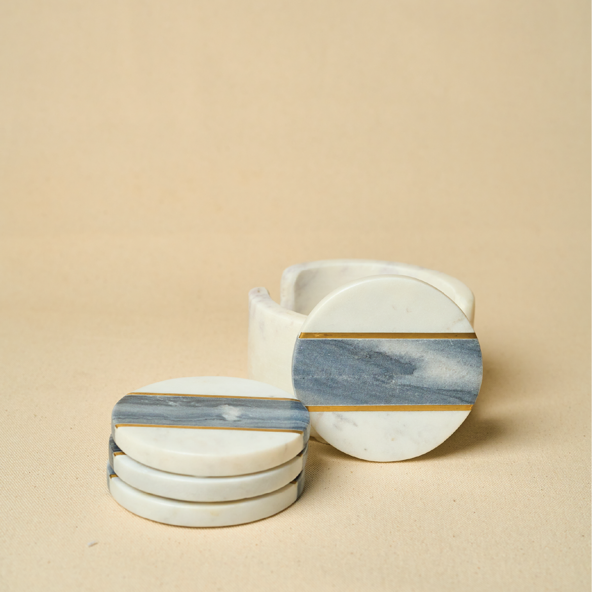 White & Black Marble Coasters with Brass Inlay