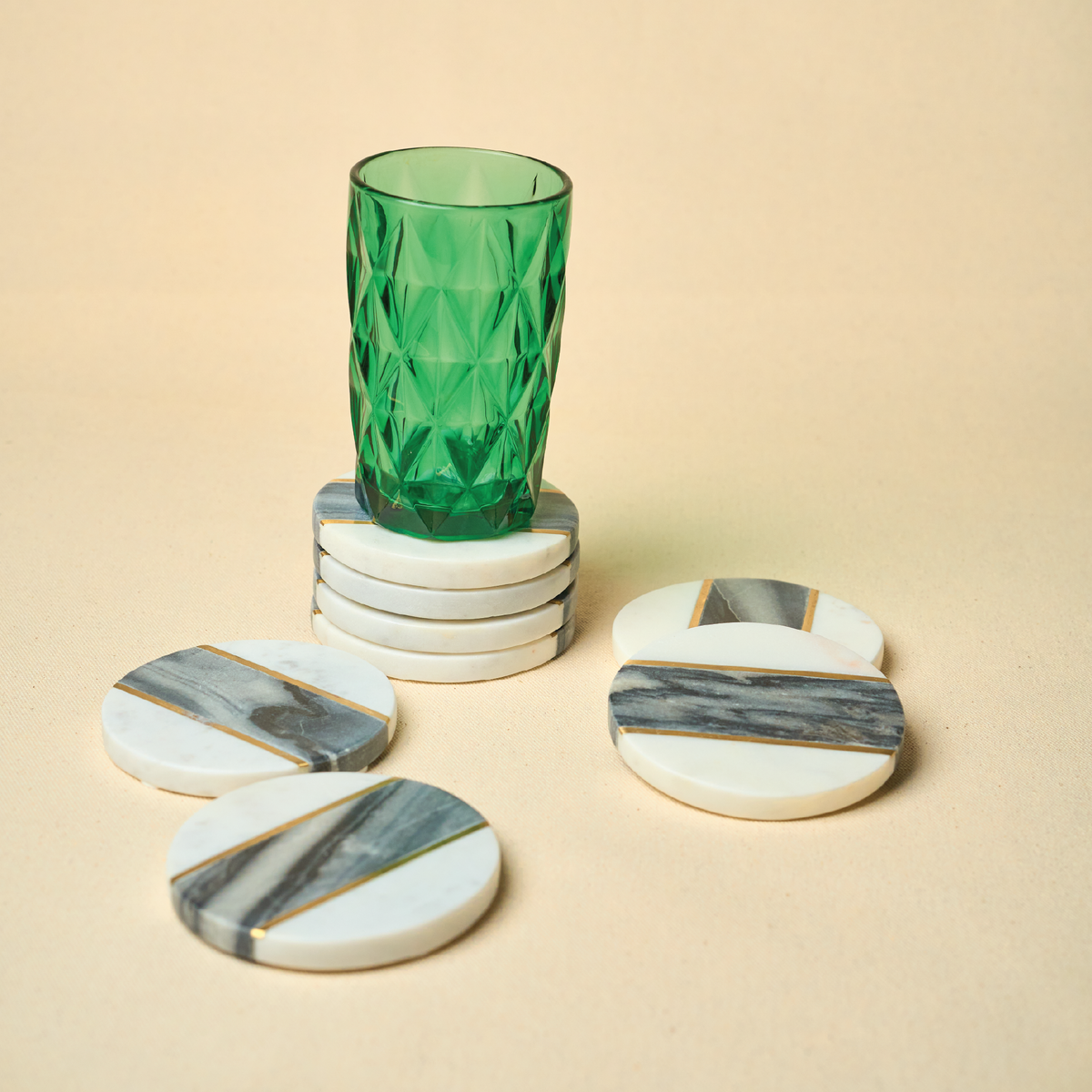 White & Black Marble Coasters with Brass Inlay