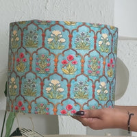 Mango Wood Table Lamp, Teal Garlands Fabric Shade - RIO Collection — thumbnail
